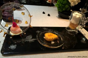 Les Desserts:from left Campari infused grapefruit sorbet, kaffir lime leaf cream; Mango with a fleur de sel caramel mousse, exotic coulis and a crunchy perroquet tuile;Passion fruit and banana mousse, Martinique rum granite with coconut foam