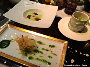 2nd service clockwise from top left: Morel mushroom royale on delicate foie gras mousse with vin jaune and asparagus: Egg yolk and herb ravioli with spinach sprouts and fresh ricotta; Frog leg fritters with garlic purée and parsley coulis