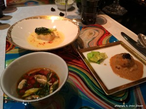 3rd service clockwise fom top left :Seared diver sea scallop served with kumquat and caviar and gold shavings; Truffled langoustine ravioli with simmered green cabbage; La Soupe folichonne Medley of aromatic herbs in an exotic broth