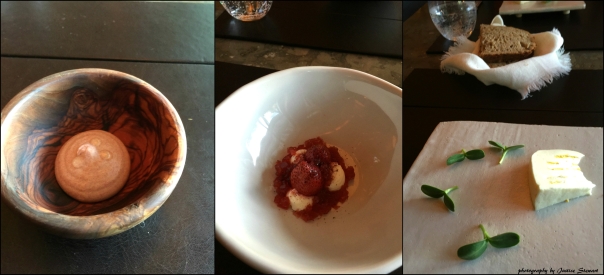 left to right: grilled date with walnut oil, strawberries fromage, brillat sunflower