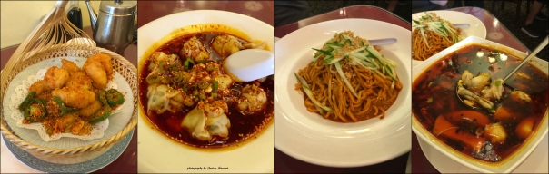 From left to right: Crispy Prawns, Spicy dumplings, House cold noodles, Frog in flaming chili