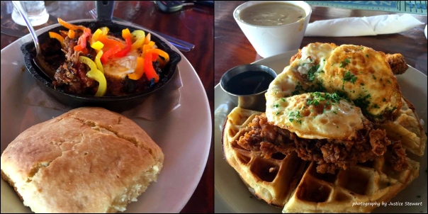 The Smoking Rooster's Chicken & waffles. on the left pulled pork belly & egg